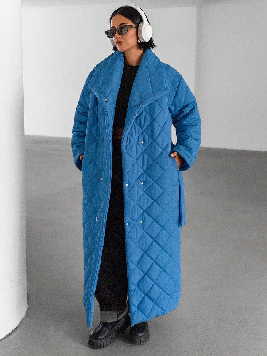 EURMUSE 女式绗缝长袖单排扣宽松口袋休闲长款夹克 - 藍色 - 查看 1