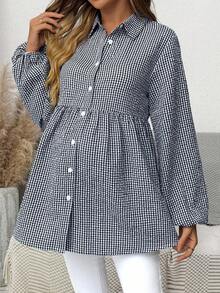 SHEIN Maternity Plaid Lantern Sleeve Single-Breasted Casual Shirt