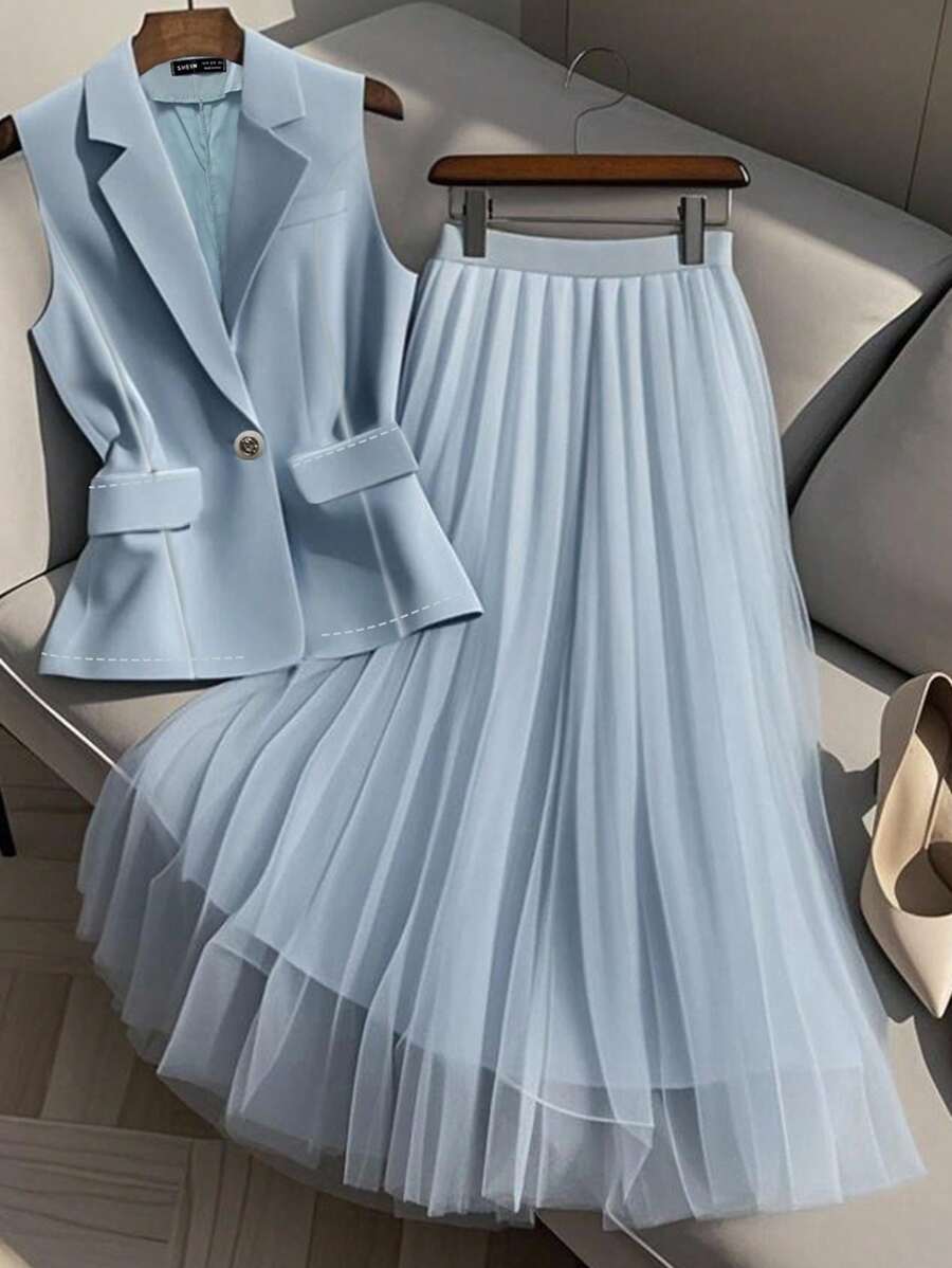 Franclia 女士优雅通勤装 2 件套 - 背心夹克和网眼薄纱长裙 - 淺藍色 - 查看 1