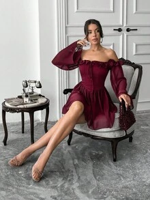EURMUSE Chiffon einfarbiges langärmliges Damen Kurzkleid, Abschlusskleid für Frauen, Rüschen, Hochzeitsgast Kleid - Bordeaux - Übersicht 7