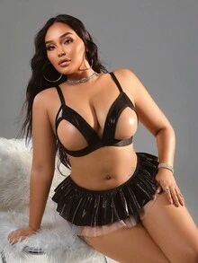 SpicyHot Bộ đồ lót 2 món gồm áo ngực ren khoét sâu và quần lót viền bèo nhún cỡ lớn, trang phục gợi cảm - màu đen - Xem 3