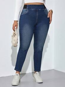 SHEIN Tall CURVE Plus Size Fall Autumn Back To School Homecoming Halloween Y2k Cute Streetwear Goth Grunge Coquette Techno Birthday Night Out Going Out Club Airport Business Casual Woman Country Vintage Modest Old Money Business Casual Woman Work Clothes Teacher For Women Church Women Solid Color Casual Blue Jeans Elastic Waist Jeans High Stretch Jeans - Blue - View 3