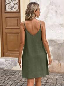 SHEIN VCAY Robe cami en lin tissé unicolore avec poches latérales pour les vacances