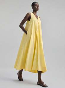 Ontre 女士无袖V领宽松连衣裙，休闲海滩度假装，波西米亚海岛度假风连衣裙，适合音乐节、万圣节、圣诞节、派对等场合，优雅连衣裙 - 黃色 - 查看 7