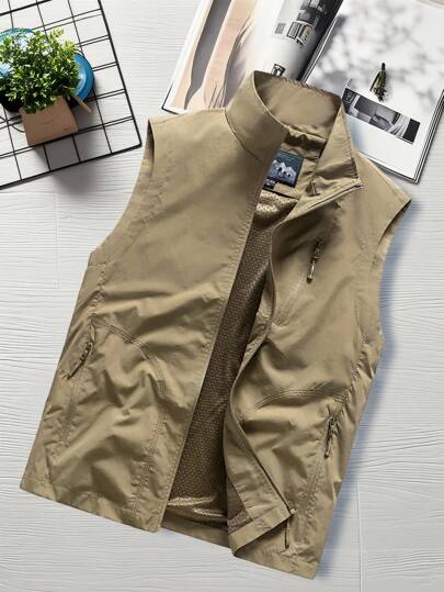 Manfinity Homme Chaleco casual y versátil para hombre, sin mangas, con múltiples bolsillos y cremallera, para otoño