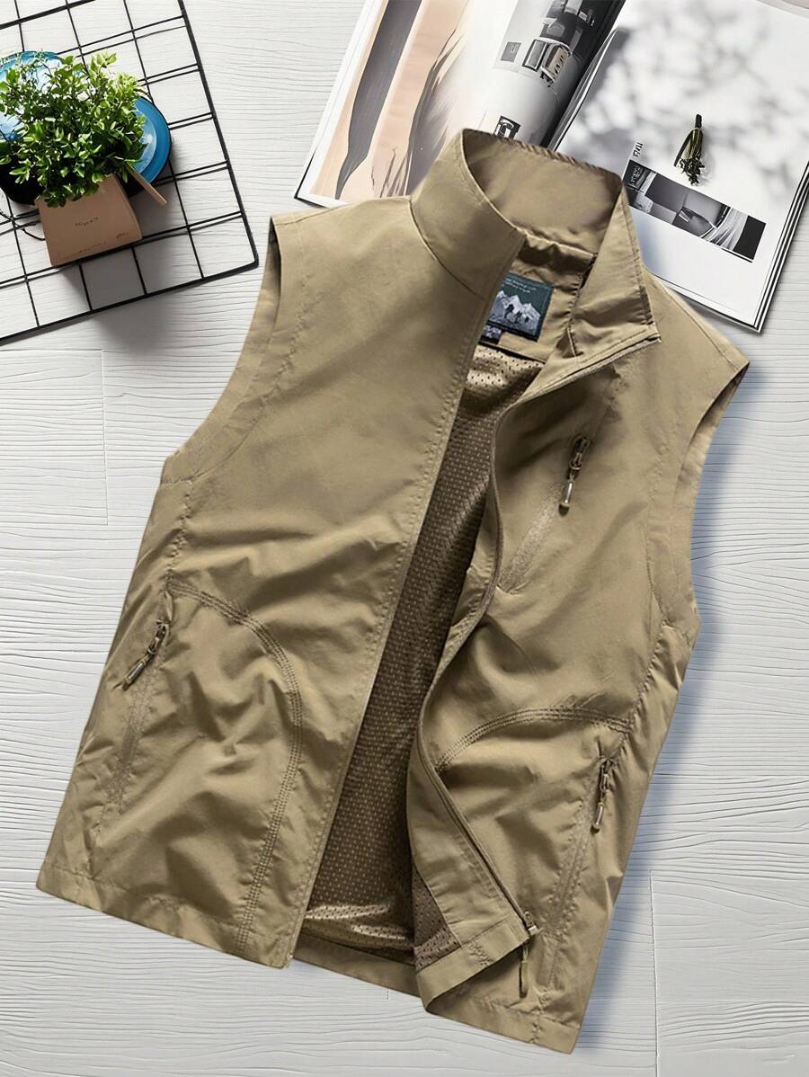 Manfinity Homme 男士休闲百搭简约无袖多口袋拉链背心，秋季 - 卡其色 - 查看 1