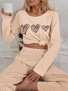 EURMUSE 100% Cotton 2Pcs  Heart Printed PJ Set - Dusty Pink - View 5