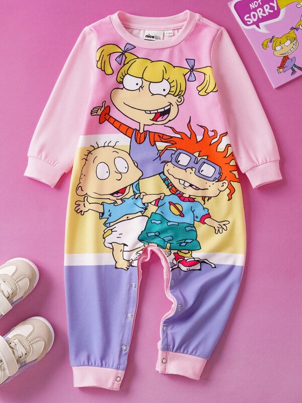 Nick 90s X SHEIN Baby Girl Cute Cartoon Graphic Colorblock Long Sleeve Jumpsuit, Autumn/Winter