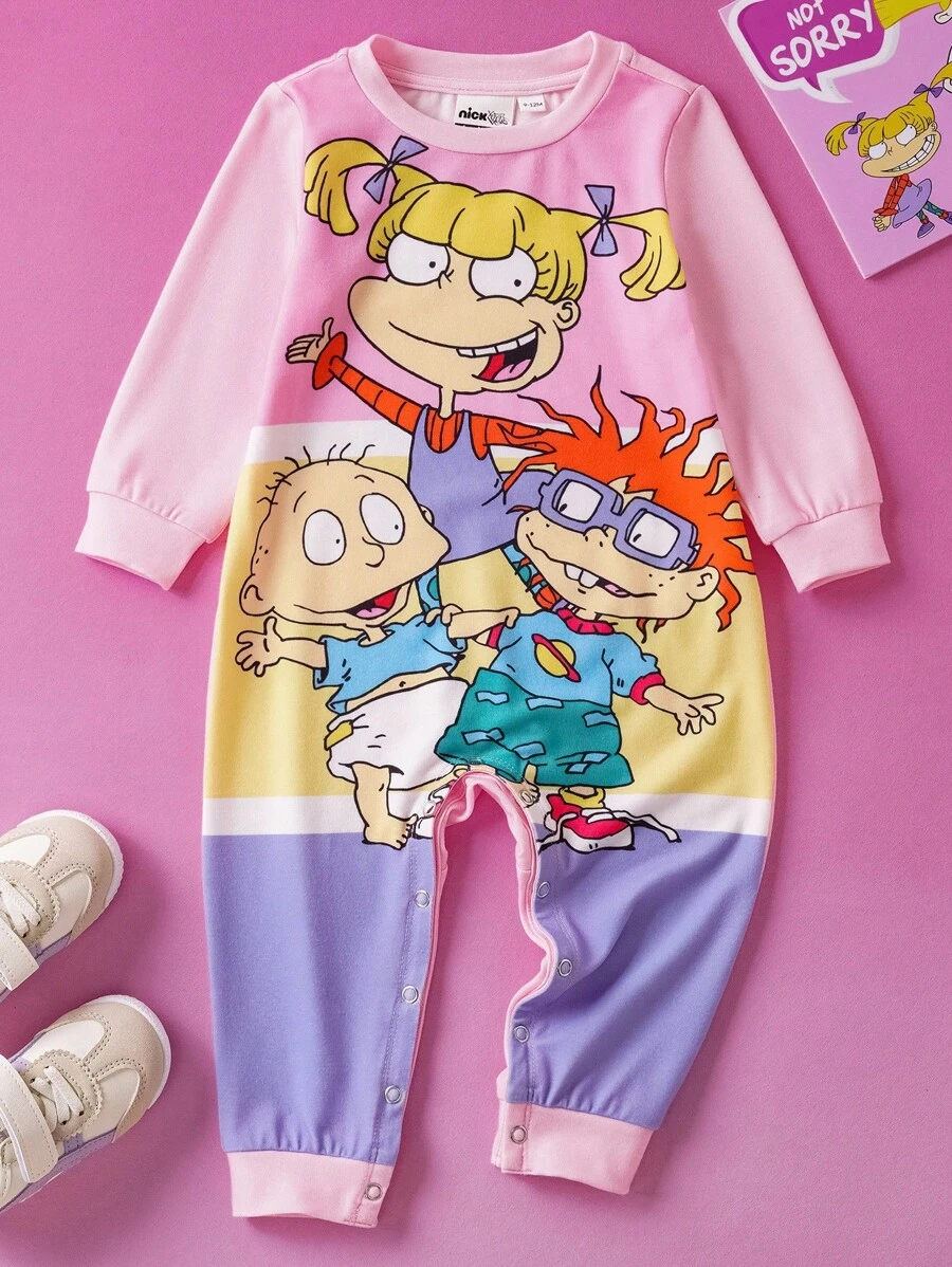 Nick 90s | SHEIN 女婴可爱卡通图案拼色长袖连体裤，秋冬