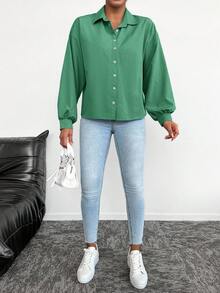 EURMUSE Women's Casual Solid Color Button-Up Long Sleeve Shirt - Hijau - View 5
