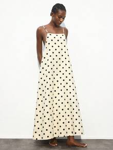 Maija 女式波尔卡圆点宽松可调节肩带连衣裙，商务休闲假日露背优雅连衣裙 - 白色 - 查看 4