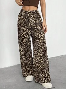 SHEIN Sparklyn 少女豹纹系腰阔腿宽松裤