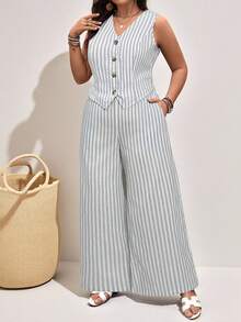 SHEIN LUNE 女士休闲条纹无袖上衣和条纹裤套装节日夏季波西米亚风复古货币女士夏季服装春假狂欢服装节日春假服装棉质 - 淺灰色 - 查看 6