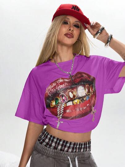 Grunge Punk Maglietta oversize da donna con stampa di labbra di "California Girl"