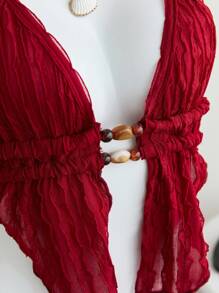 Elamini 女士休闲度假纹理串珠吊带背心 - 酒紅色 - 查看 6