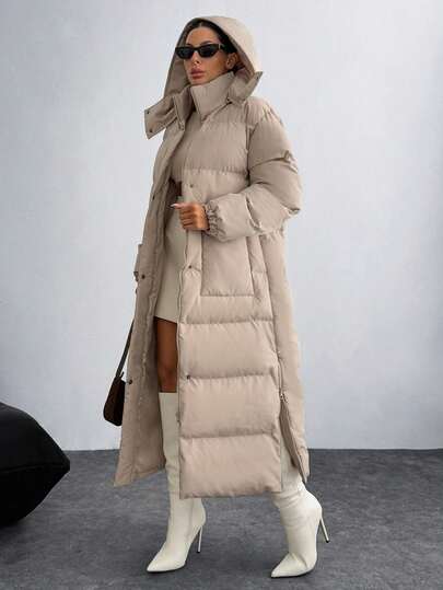 EURMUSE Women's Sand Zipper Side Slit Hooded Patched Pocket Detailed Good Quality Casual Winter Coat