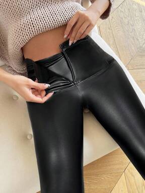 Firerie Pantaloni in pelle PU e pile, vita alta, con zip, modello semplice ed elegante, adatti per uso quotidiano, casual, versatili, autunno/inverno, abbinabili a tutto, adatti per autunno, autunno/inverno, aeroporto, insegnanti, ufficio