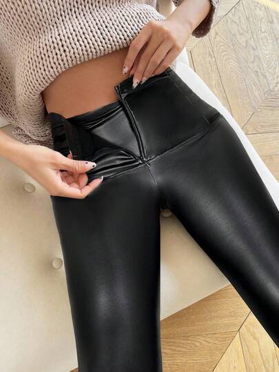 Firerie 女士新款简约优雅日常通勤休闲时尚百搭秋冬百搭腰部收紧拉链提臀黑色中腰 PU 皮革和羊毛修身裤，适合秋季、秋冬、机场、教师、办公室穿着