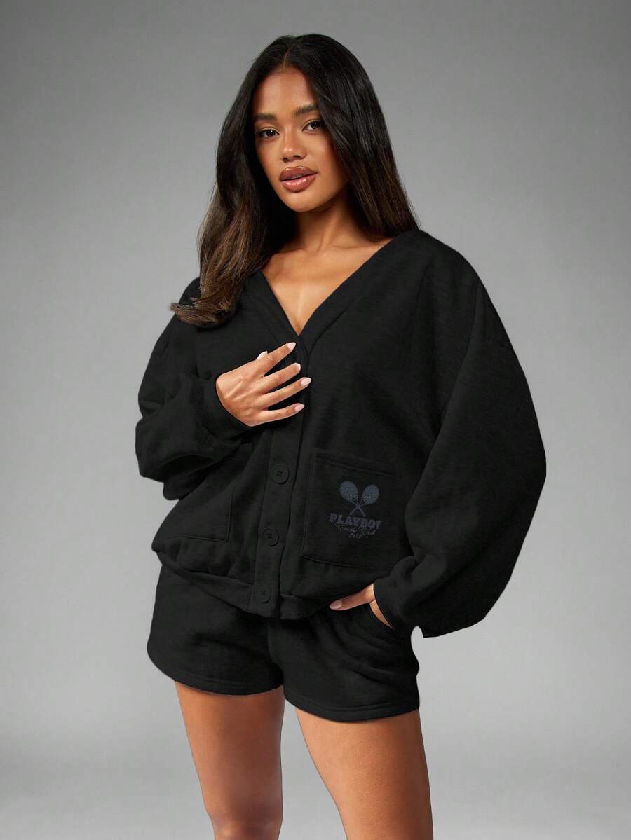 Missguided x Playboy 舒适 V 领纽扣开衫长袖宽松轻便秋冬休闲日常风格宽松柔软针织外套 - 黑色 - 查看 1