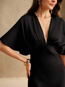 Anewsta 新款法式肩部褶皱V领高腰修身黑色连衣裙，适合节日、婚礼宾客、毕业典礼、春季、夏季、优雅、黑色、情人节、度假、狂欢节等场合。 - 黑色 - 查看 2