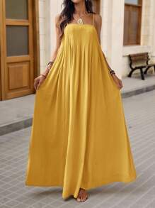 Brillora Váy cổ chữ V rộng rãi cho nữ, màu trơn, kỳ nghỉ & mùa hè - Màu vàng - Xem 5