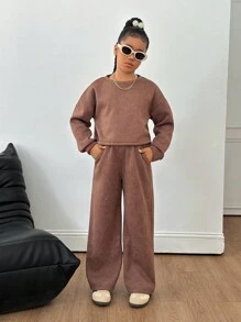 Sparklyn Tween Girls Casual All-Match Versatile Daily School Sports Street Acid-Washed Loose Cropped Sweatshirt + Wide Leg Pants Set Fall Winter - Brown - View 6