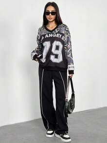 Teens (Girls) Casual Street Sports Jersey Camouflage Oversized V-Neck Sweatshirt Fall Winter - Black - View 7
