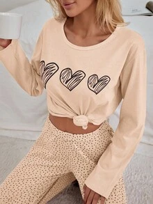EURMUSE 100% Cotton 2Pcs  Heart Printed PJ Set - Dusty Pink - View 7
