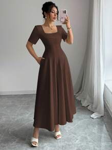 Elenzga 女士优雅简约通勤办公室商务休闲度假下午茶连衣裙，定制修身 A 字廓形带口袋，短袖，春夏 - 棕色 - 查看 7