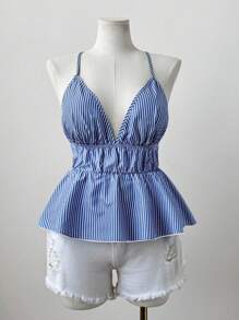 Sweetra Plus Size Blue & White Striped Loose Casual Beach Young Women Camisole Vacation - Blue and White - View 6