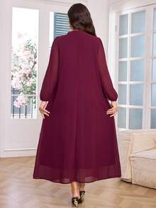 Lacomfia 大码女式宽松休闲荷叶边领带腰长袖连衣裙 - 酒紅色 - 查看 2