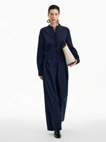 Aalyst Women's Solid Color Long Sleeve Single-Breasted Pocket Wide Leg Casual Jumpsuit Fall Cloth For Women - Navy Blue - View 5