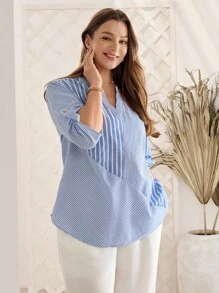 Rosumi Áo sơ mi tay dài cổ chữ V kẻ sọc mùa hè và mùa thu cỡ lớn dành cho nữ Quần áo mùa thu cho nữ - Nhiều màu - Xem 4
