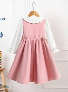 SHEIN Young Girls' Cute & Sweet Peter Pan Collar Bow Dress Fall Winter - Pink - View 2