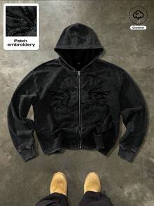 PAVTROS Manfinity Streetrush 男士街头时尚，ins风棉质针织卫衣，纯棉针织运动服，卫衣，短款宽松版型，贴花刺绣工艺，低调时尚，做旧水洗风格展现休闲轻松的街头风，适合日常休闲、街头穿搭、文化活动、户外运动、校园穿着、节日礼物。哥特式拉链连帽衫，黑色拉链连帽衫，刺绣连帽衫，男士拉链连帽衫外套，棉质连帽衫，黑色图案拉链连帽衫，哥特式拉链，黑色图案连帽衫，秋季 - 黑色 - 查看 2