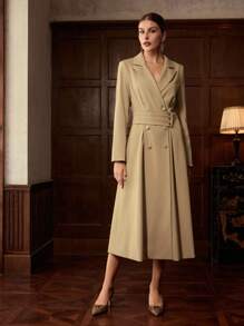 ZEYLAH Ruffle Waist Gathered Long Sleeve Dress, Elegant For Autumn/Winter - Khaki - View 4