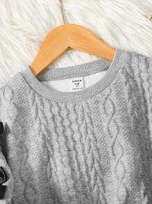 SHEIN Young Girl Bowknot Decor Knitted Padded Sweatshirt,Princess 7th Birthday Career Day Back-To-School Autumn Color-Block Round Neck Cropped Sweatshirt - Grey - View 3