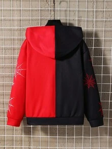 SHEIN 儿童/青少年男孩休闲街头蜘蛛网和蜘蛛印花连帽拉链厚针织夹克，适合通勤、上学、休闲、旅行、运动、春夏秋冬、万圣节 - 紅色 - 查看 2