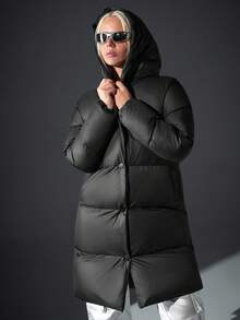 CasuGlow Urban Casual Minimalist Winter Fashion, Long Black Padded Coat, Hooded Design, Full-Length Silhouette, Modern Streetwear Look, Plus Size Travel - Black - View 4