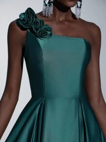 Elitara Váy cổ bất đối xứng bằng vải satin màu xanh rêu cổ điển thanh lịch và lãng mạn dành cho nữ với họa tiết hoa 3D, váy dạ hội chữ A xếp ly, thích hợp cho tiệc cưới và sự kiện trang trọng làm váy phù dâu - Màu xanh lá cây đậm - Xem 3