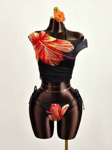 Zestiva Springbreak 女士三件套比基尼套装：花卉印花吊带上衣、黑色荷叶边罩衫和侧系带泳裤 - 黑色 - 查看 6