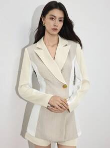 Heiryn Women's Elegant Commuter Colorblock Patchwork Blazer Fall Office Business Casual Women Old Money Style Women The Long-Sleeved Color-Blocking Card Features A White, Elegant And Stylish Old-Style Korean Blazer - Multicolor - View 3
