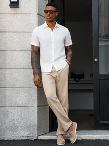 Manfinity Homme 2 piezas Conjunto de camisa de manga corta casual y pantalones con cordón para hombre - Multicolor - Ver 1