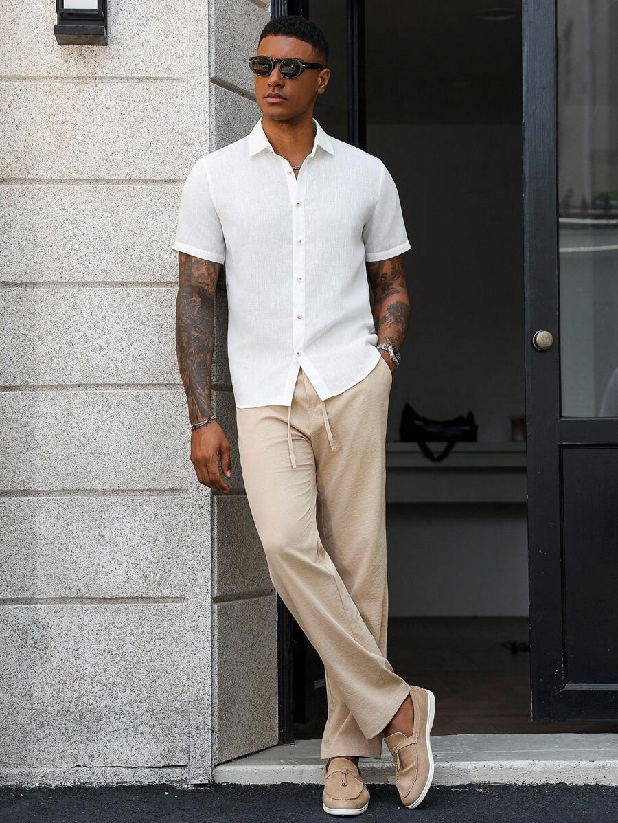 Manfinity Homme 2 piezas Conjunto de camisa de manga corta casual y pantalones con cordón para hombre - Multicolor - Ver 1