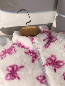 SHEIN Girls' Jacket Coat, Cute Bow & Faux Fur Zipper Jacket, Suitable For Winter, Everyday, School, Travel And Outdoor Wear Fall