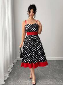 Elenzga Kooky Elegance 系列条纹和波尔卡圆点细节（星期三美学）黑暗学院风别致星期三灵感外观万圣节大码女式休闲时尚束腰吊带连衣裙拥抱你内心的阴影黑暗女性时尚（星期三美学） - 彩色 - 查看 8