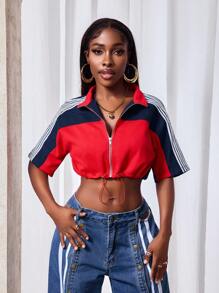 Slaydiva 女式侧条纹短袖拉链下摆抽绳短款牛仔夹克 - 藏蓝色 - 查看 1