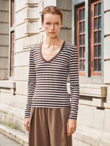 Lumivelle Fashionable Slim Fit V-Neck Long Sleeve Striped Women T-Shirt Fall For Elegant Fashionable Casual Commuting Business Office Daily Leisure All-Match Urban Teacher Professional Attire - Coffee Brown - View 8