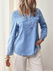 EMERY ROSE Women's Notched Collar Long Sleeve Denim Shirt New Long Sleeve/Half Sleeve Button Pocket Thin Denim Top - Light Wash - View 1