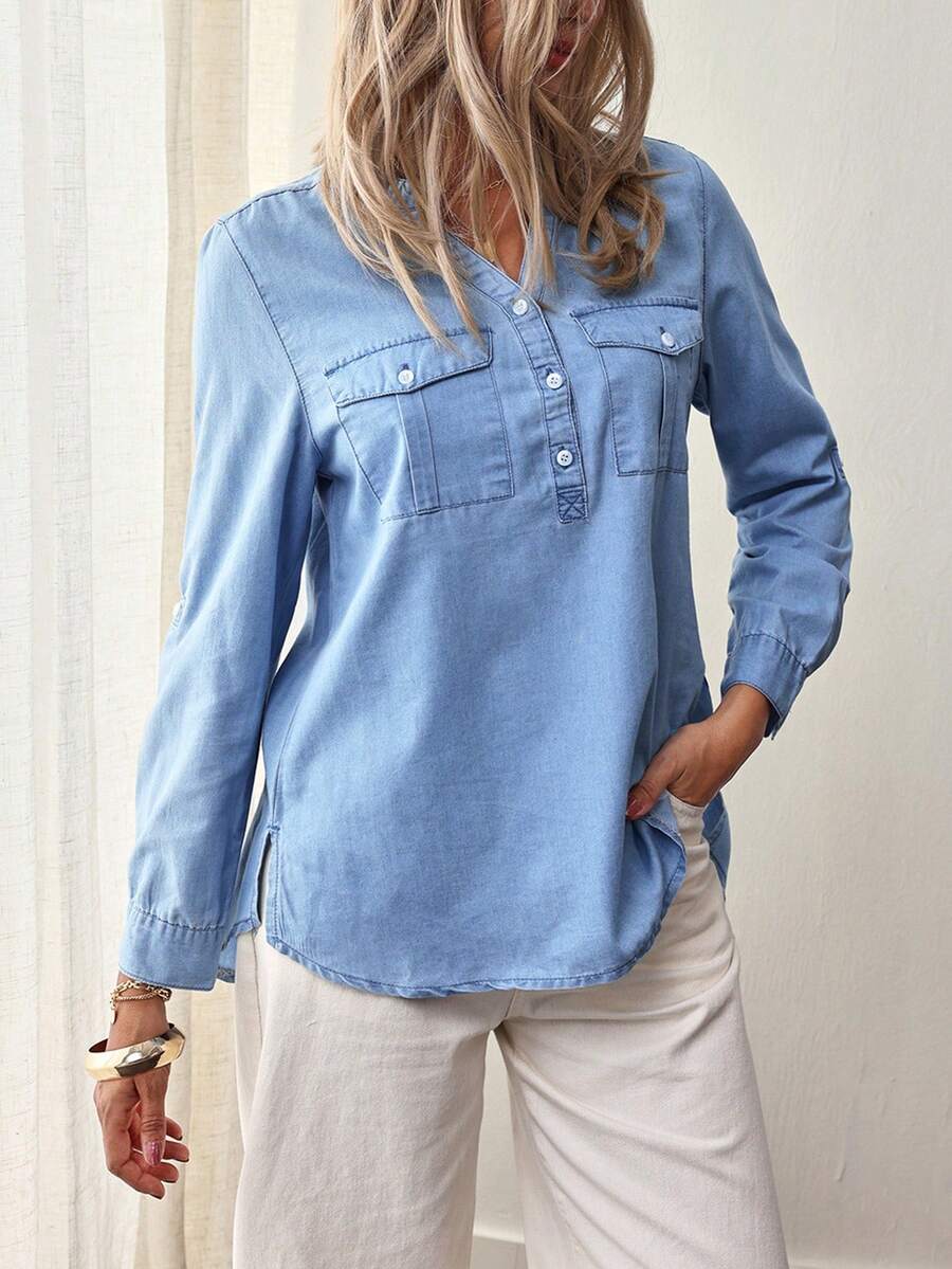 EMERY ROSE Women's Notched Collar Long Sleeve Denim Shirt New Long Sleeve/Half Sleeve Button Pocket Thin Denim Top - Light Wash - View 1